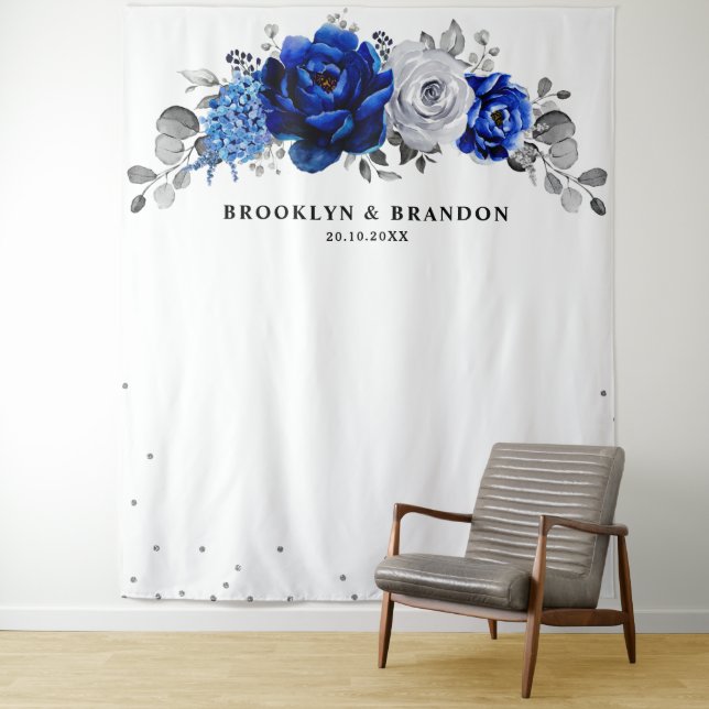 Royal Blue silver Metallic Floral Wedding Tapestry (In Situ)