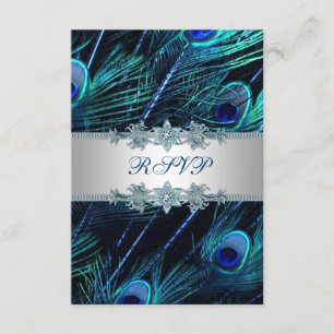Royal Blue Silver Peacock Wedding RSVP Card