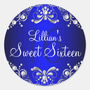 Royal Blue Silver Pearl Damask Sweet 16 Sticker