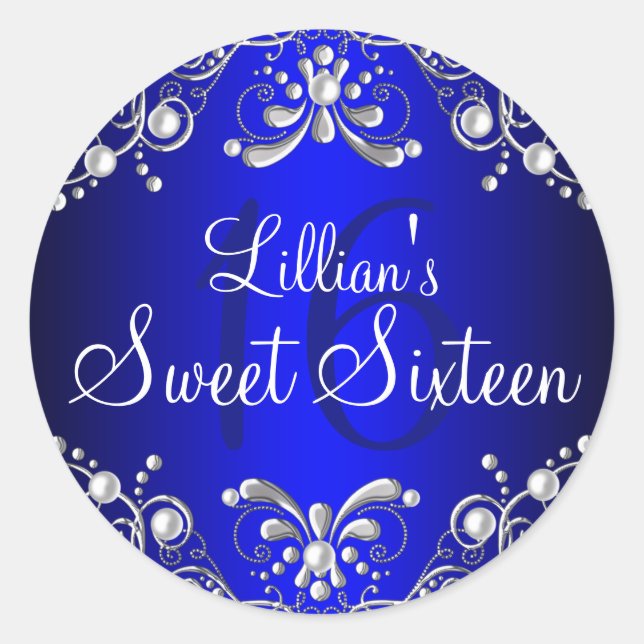 Royal Blue Silver Pearl Damask Sweet 16 Sticker (Front)