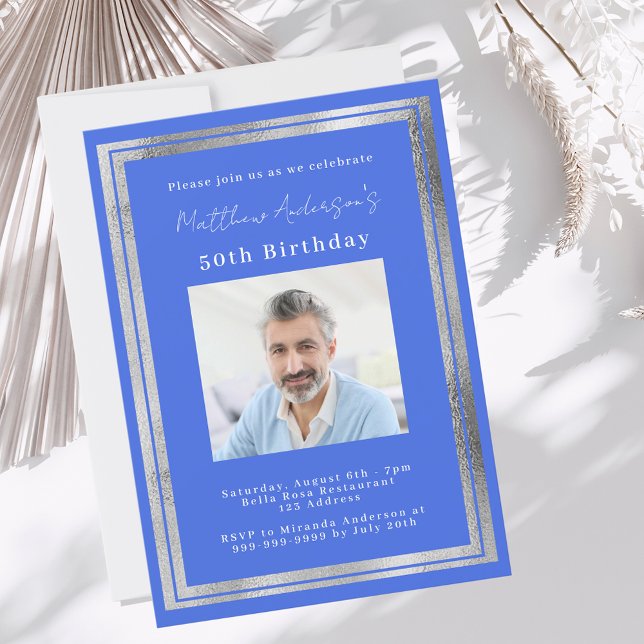 Royal blue silver photo birthday invitation (Creator Uploaded)