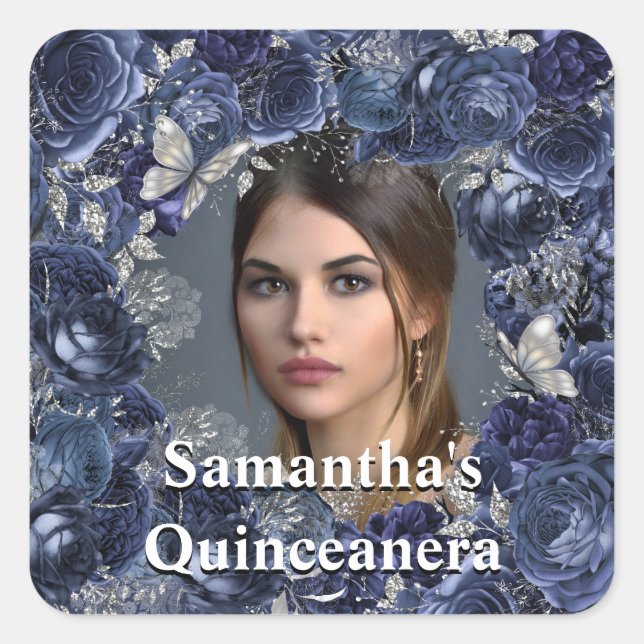 Royal blue silver PHOTO butterfly rose frame  Square Sticker (Front)
