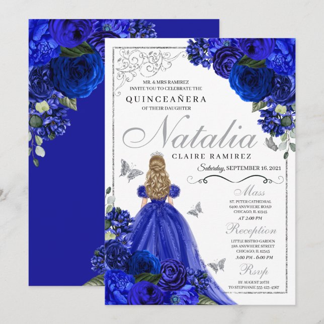 Royal Blue Silver Princess Butterflies Quinceañera Invitation (Front/Back)