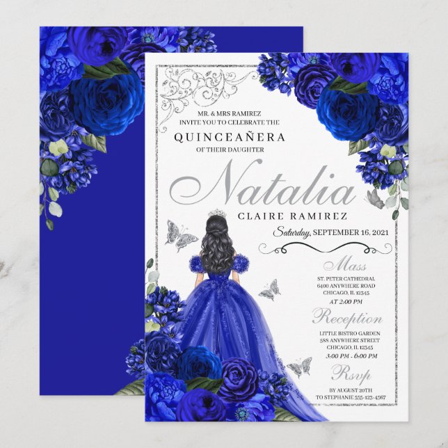 Royal Blue Silver Princess Butterflies Quinceañera Invitation (Front/Back)