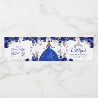 Royal Blue Silver Princess Quinceañera Water Bottle Label