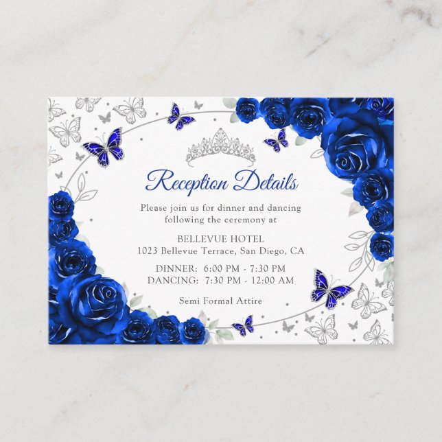 Royal Blue Silver Quinceanera Reception Details Enclosure Card (Front)