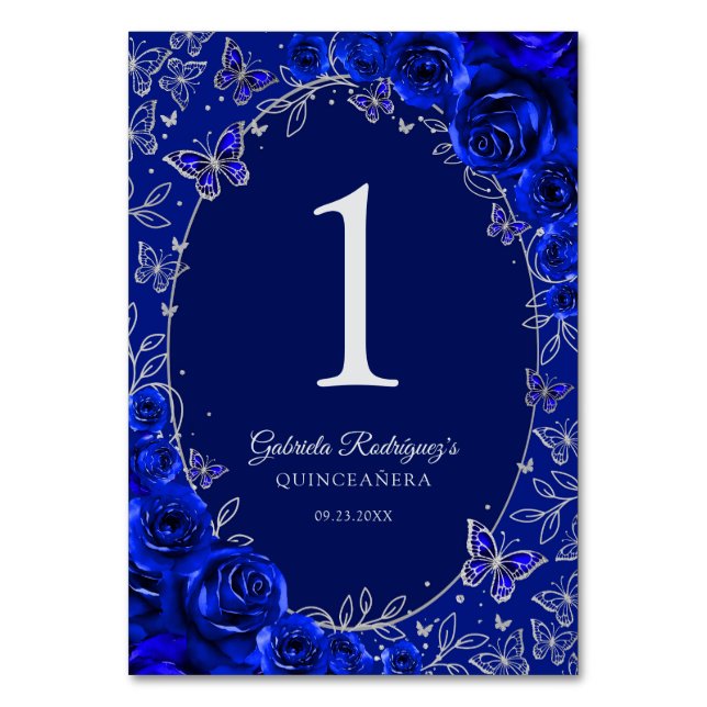 Royal Blue Silver Quinceanera Table Number (Front)