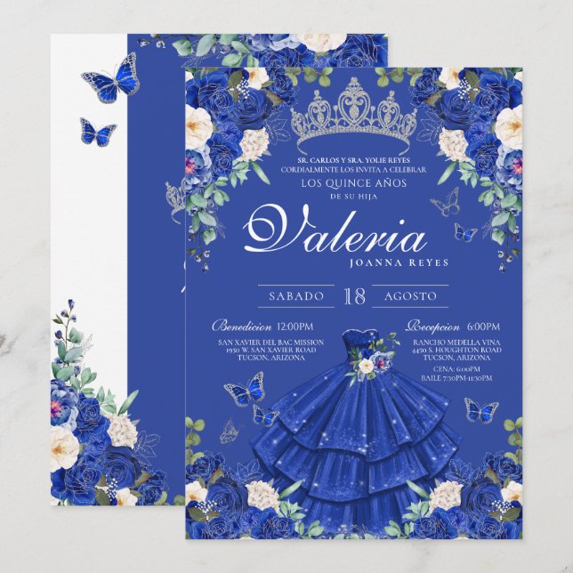 Royal Blue Silver Rose Elegant Princess Quinces Invitation (Front/Back)