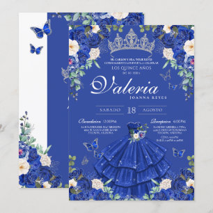 Royal Blue Silver Rose Elegant Princess Quinces Invitation