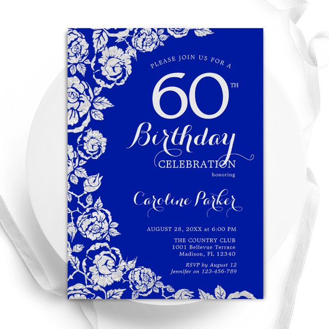 Royal Blue Silver Roses 60th Birthday Party Invitation (Creator Uploaded)