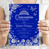 Royal Blue Silver Roses Butterflies Quinceanera