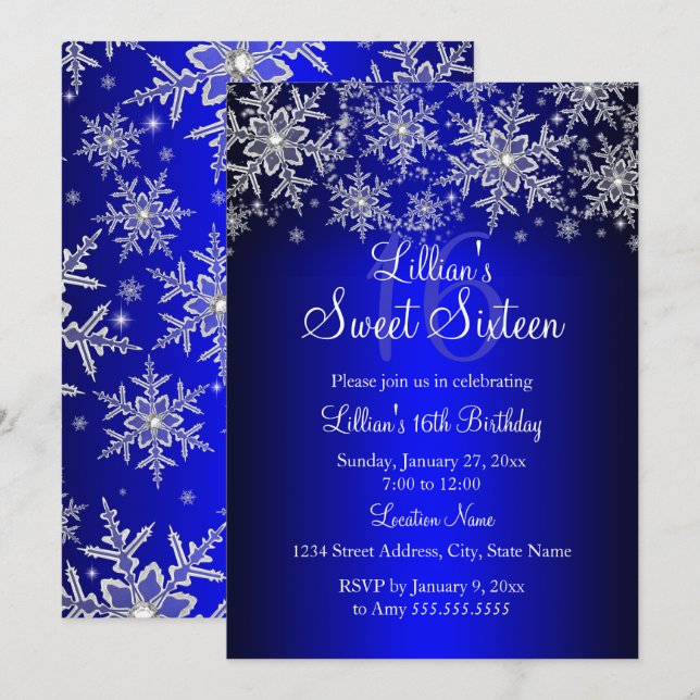 Royal Blue Silver Snowflake Sweet 16 Invitation (Front/Back)