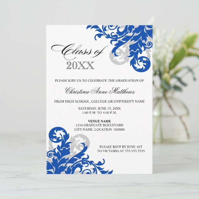 Royal Blue Silver Swirl Graduation Announcement (Standing Front)