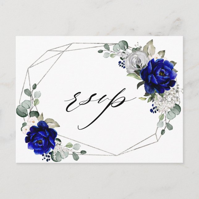 Royal blue Silver White Geometric RSVP Postcard (Front)