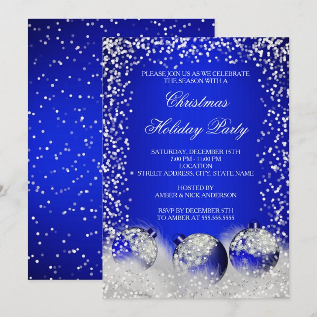 Royal Blue Snow Bauble Christmas Holiday Party Invitation (Front/Back)