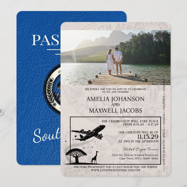 Royal Blue South Africa Passport Wedding Invitation (Front/Back)