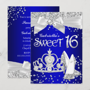 Royal Blue Sparkle Tiara Heels Sweet 16 Party Invitation