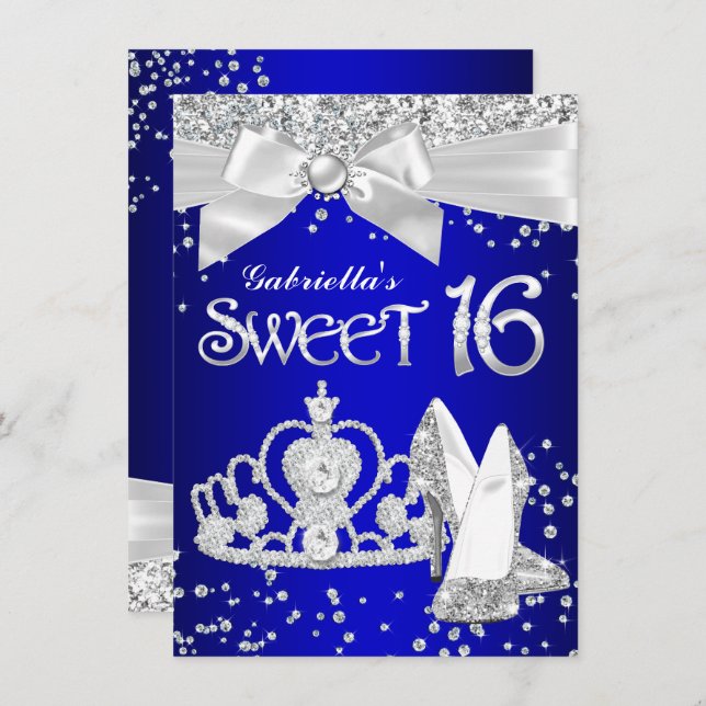 Royal Blue Sparkle Tiara Heels Sweet 16 Party Invitation (Front/Back)