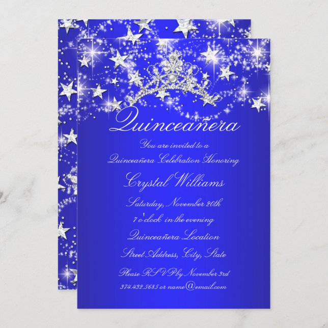 Royal Blue Sparkle Tiara Stars Quinceanera Invitation (Front/Back)