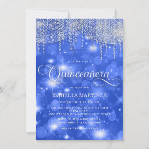 Royal Blue String Lights Sparkle Quinceañera Invitation