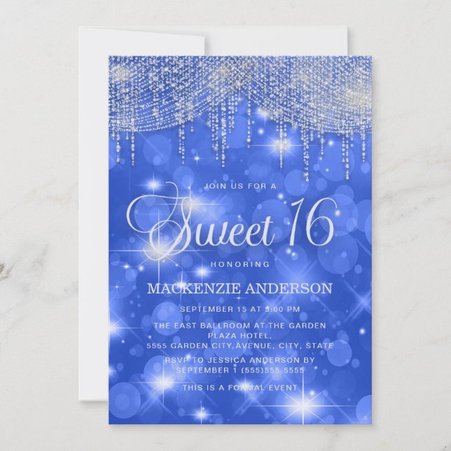 Royal Blue String Lights Sparkle Sweet 16 Invitation (Front)