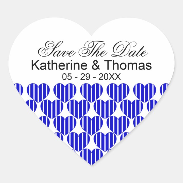 Royal Blue Striped Hearts Save The Date Stickers (Front)