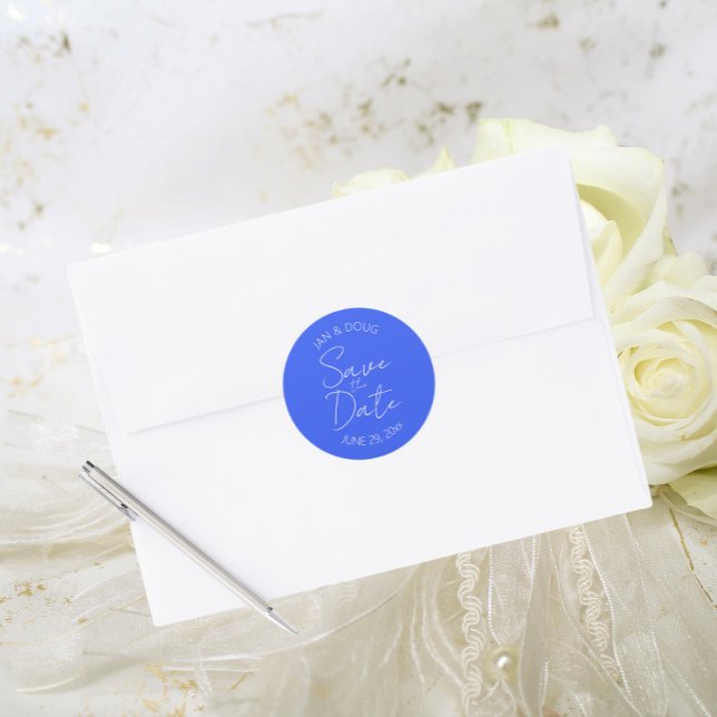 Royal Blue Stylized Wedding Save the Date Classic Round Sticker (In Situ Wedding)