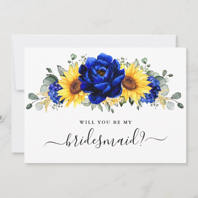 Royal Blue Sunflower Will you be my Bridesmaid Invitation (Front)