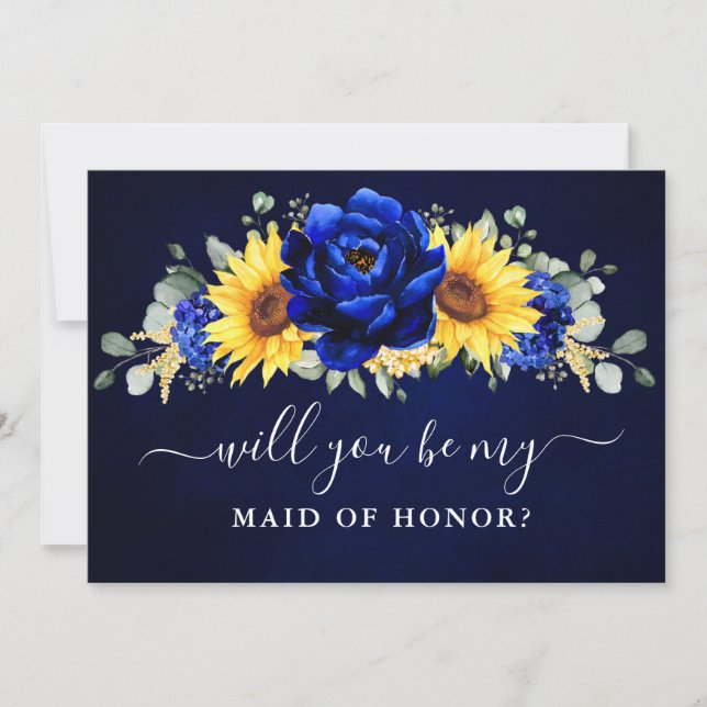 Royal Blue Sunflower Will you be my Maid of Honour Invitation (Front)