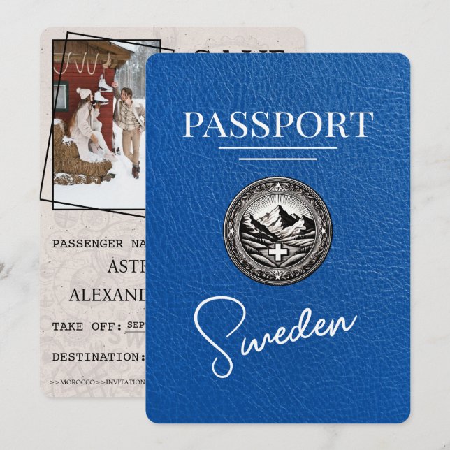Royal Blue Sweden Passport Save The Date (Front/Back)