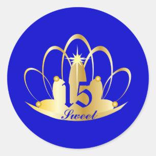 Royal Blue Sweet 15 Tiara Sticker-Customize Classic Round Sticker