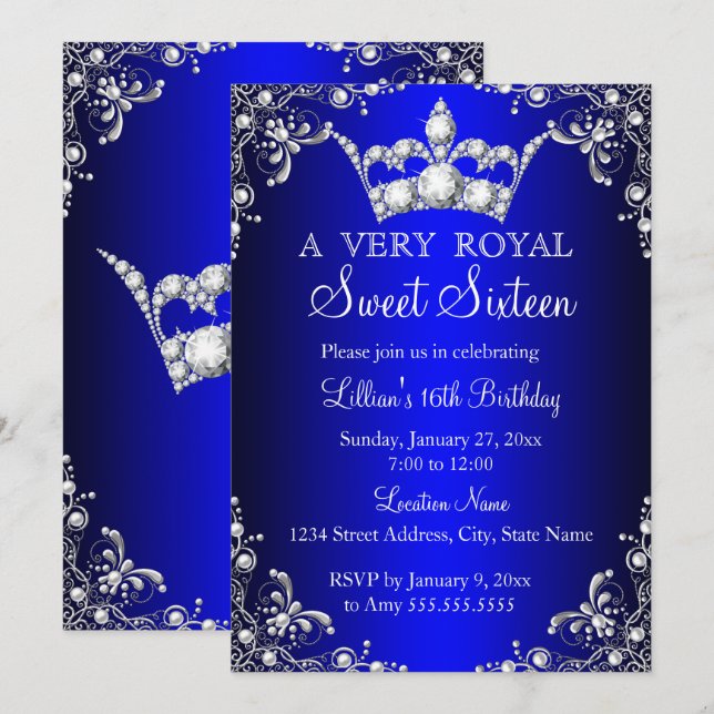 Royal Blue Sweet 16 Silver Pearl Damask crown Invitation (Front/Back)