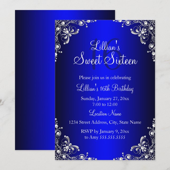 Royal Blue Sweet 16 Silver Pearl Damask Invitation (Front/Back)