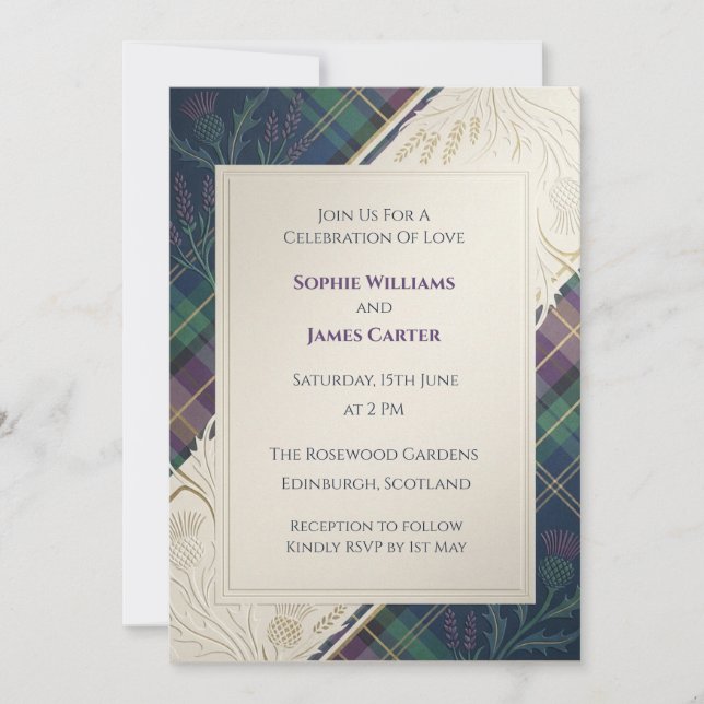 Royal Blue Tartan Thistle Baroque Scottish Wedding Invitation (Front)