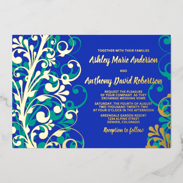 Royal Blue Teal Real Gold Foil Floral Wedding (Front)