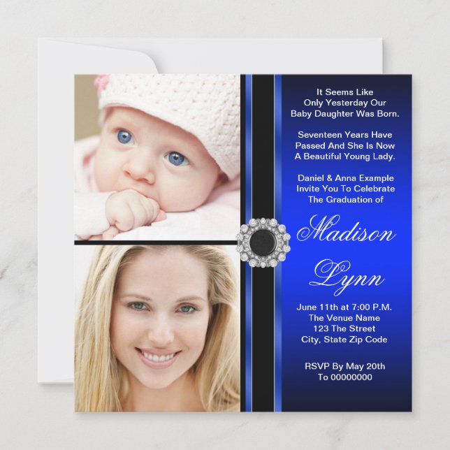 Royal Blue Then and Now Photo Graduation Invitation (Front)