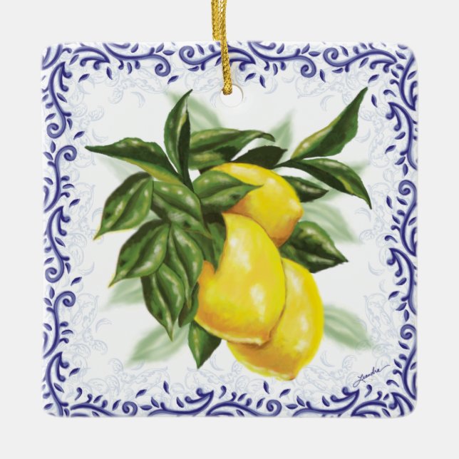 Royal Blue Toile Filigree Lemons Ornament (Front)
