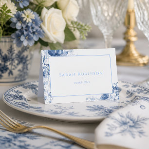 Royal Blue Toile Floral Folded Wedding Place Card