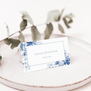 Royal Blue Toile Floral Folded Wedding Place Card