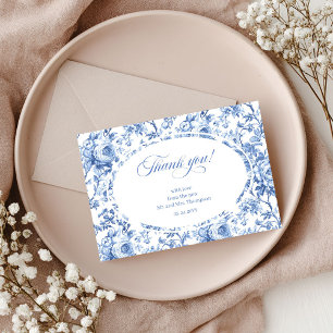 Royal blue toile floral wedding newlywed thank you card