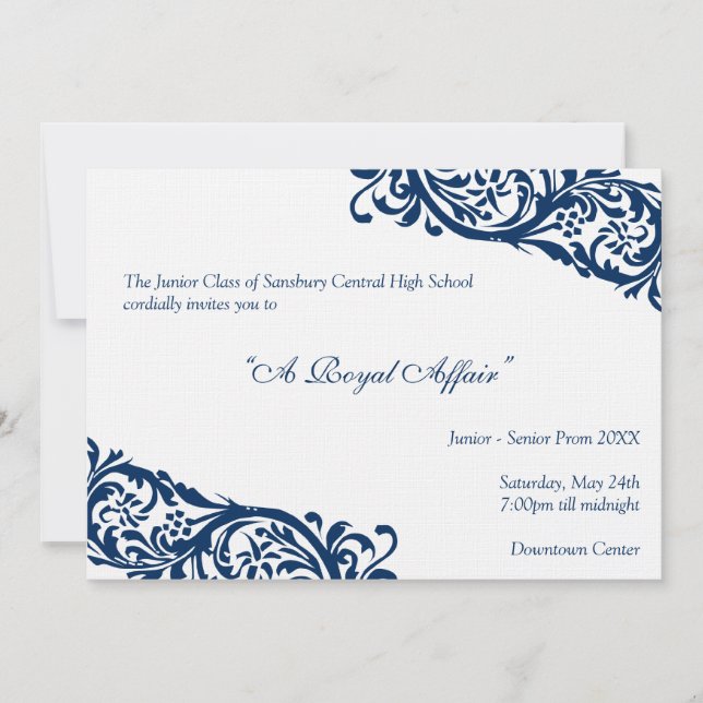 Royal blue traditional  junior formals senior prom invitation (Front)