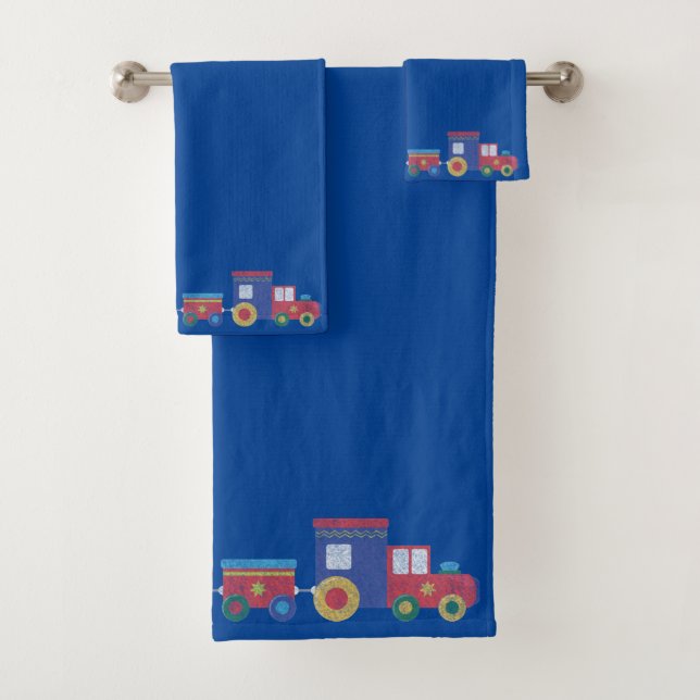 ROYAL BLUE TRAIN CHALKBOARD BATHROOM TOWEL SET (Insitu)
