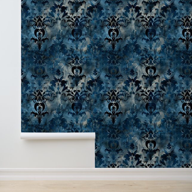 Royal blue trendy design damask luxury ornaments wallpaper (Application)