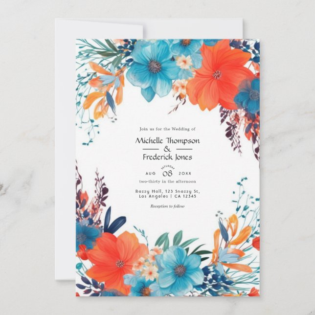 Royal Blue, Turquoise and Coral Floral Wedding Invitation (Front)