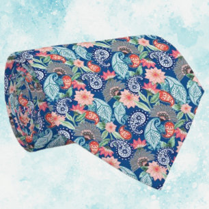 Royal Blue Turquoise Orange Floral Vintage Paisley Tie