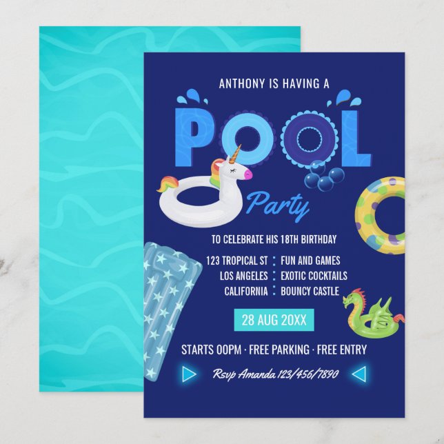 Royal Blue Unicorn and Dragon Pool Birthday Party Invitation (Front/Back)