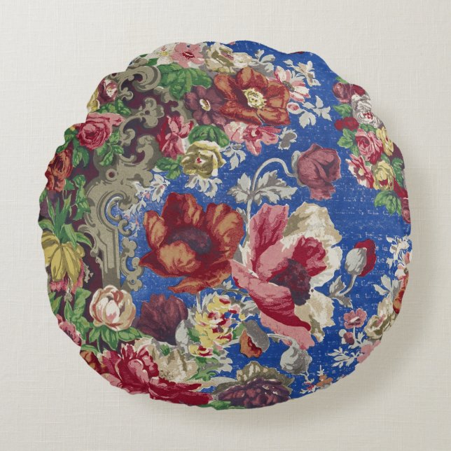 Royal Blue Victorian Rose Ornamental Pattern Round Pillow (Front)