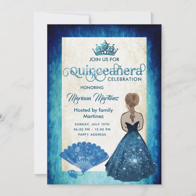 Royal blue vintage hand fan tiara Quince Invitation (Front)
