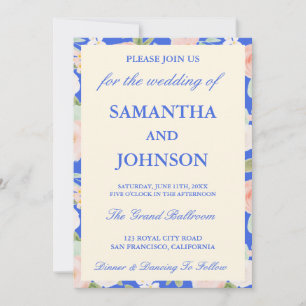 Royal Blue Vintage Ivory Floral Photo Wedding Invitation
