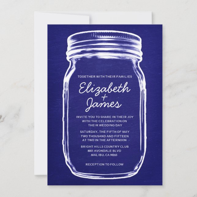 Royal Blue Vintage Mason Jar Wedding Invitations (Front)